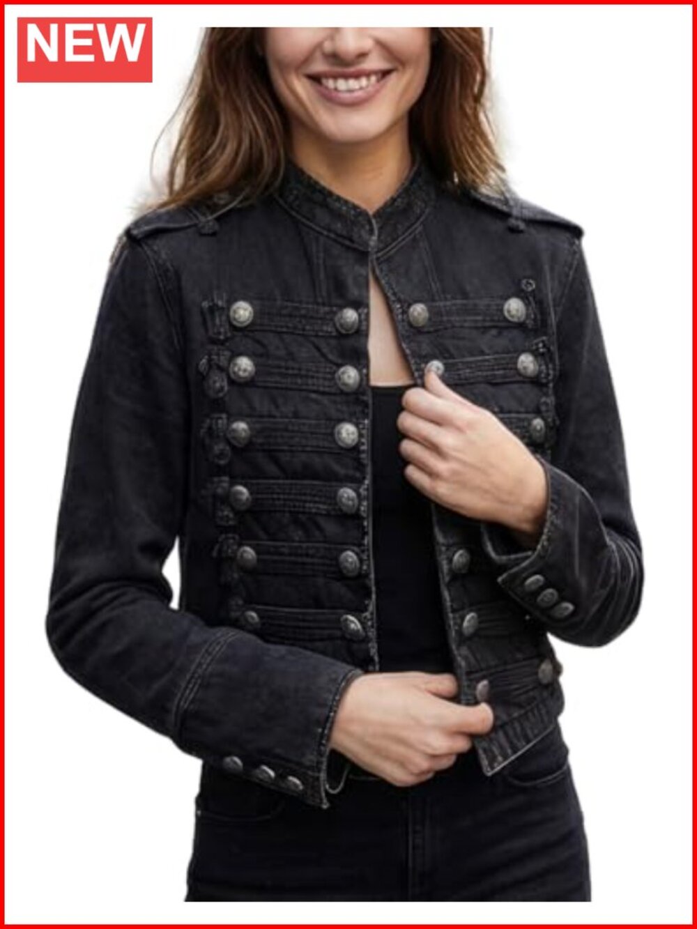 Women's Military Denim Jacket Steampunk Goth Double Breasted Crop